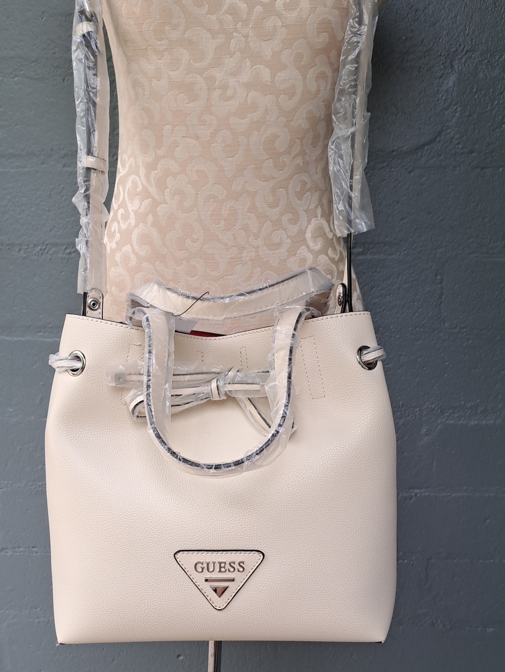 Guess Cream Pebbled Drawstring Shoulder Bag